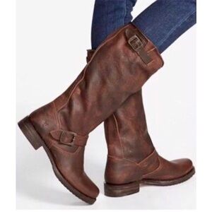 Frye Veronica Slouch Brown Leather Moto Boots